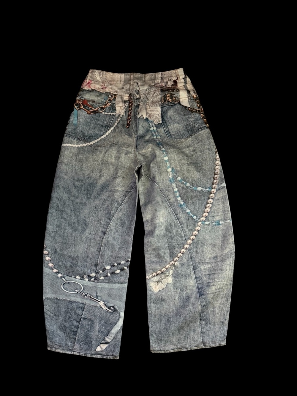 Printed Blue Wide-Leg Jeans with Pearl Chain Detail